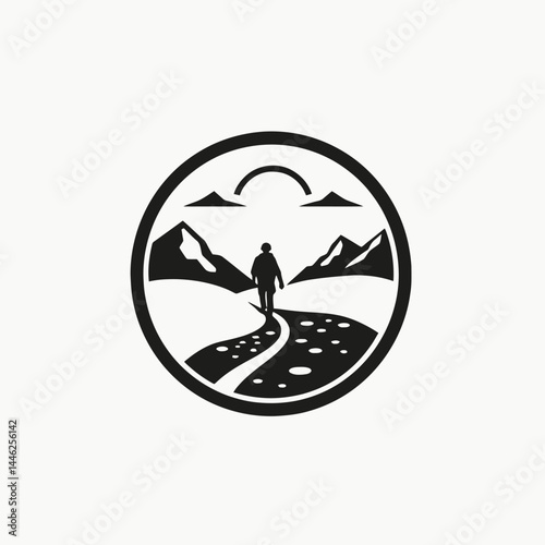 Mountain adventure path logo design vector landscape travel nature hiking outdoor silhouette way journey