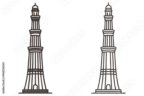 Two Qutub Minar depictions showcase historic monument's detailed line art construction isolated on white