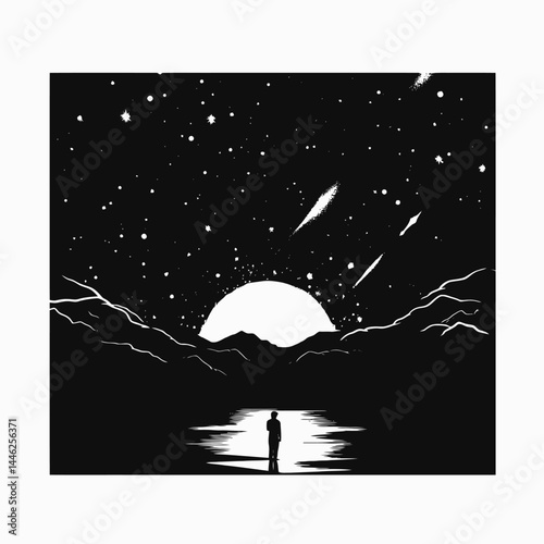 Night sky stars comets landscape silhouette water reflection mountains peaceful dark monochrome space