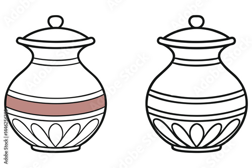 Two similar lidded vessels are outlined, one with a colored horizontal band showing