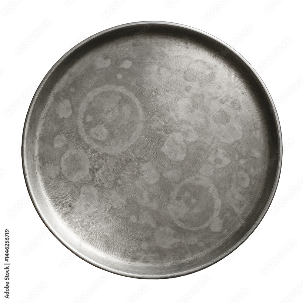 An aged circular metal tray, highlighting its brushed texture and unique pattern of surface stains and marks. An aged circular metal tray, highlighting its brushed texture and unique pattern of surface stains and marks.