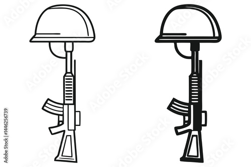 Two soldier memorials depict helmets resting upon inverted rifles in stark black and white