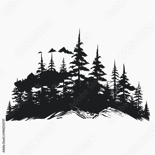 Silhouette forest trees mountain landscape nature background scenic outdoor adventure travel wilderness design vector