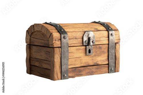 Wooden treasure chest with metal bands on transparent background