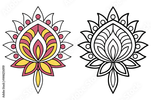 Two symmetrical flower designs are displayed on a white background, one colored and one monochrome