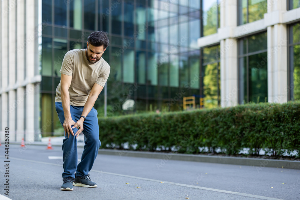 An Indian young man is busy running and exercising outside, injured, standing crooked in pain and holding his knee An Indian young man is busy running and exercising outside, injured, standing crooked in pain and holding his knee