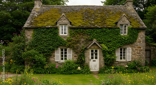 Enchanting Stone Cottage With Mossy Roof And Lush Ivy Facade In Summer