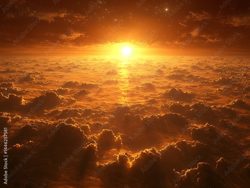 Fiery sunset above endless clouds