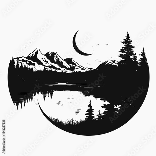 Mountain lake reflection forest trees moon landscape nature scenic artistic black and white design vector