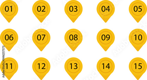 Set of 15 Yellow Numbered Location Map Pins from 01 to 15 Representing Navigation, Steps, Points of Interest, and Route Planning in Flat Vector Style