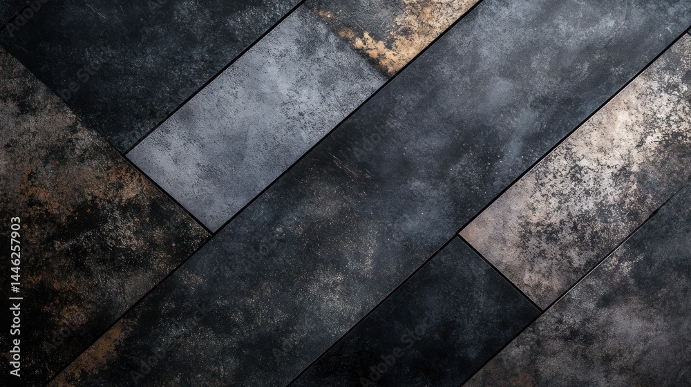 Dark, metallic-look tiles arranged in a diagonal pattern, showing a textured, aged surface with hints of bronze and copper