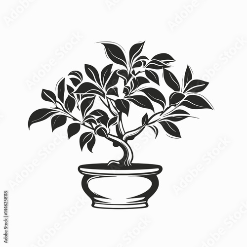 Bonsai tree plant leaves nature garden zen japanese art potted miniature black white illustration vector silhouette