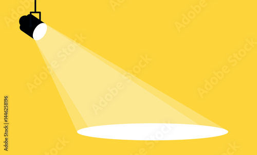 Spotlight shines on the yellow banner. Vector flat spotlight on yellow background with space for text. Vector illustration