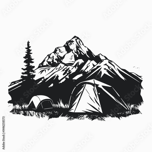 Camping adventure mountain landscape tents outdoors nature travel hiking silhouette vector illustration art