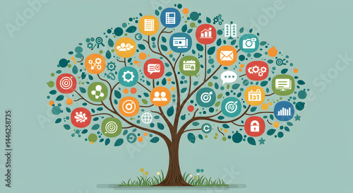 Colorful Digital Tree with Technology and Business Icons Representing Digital Growth and Innovation