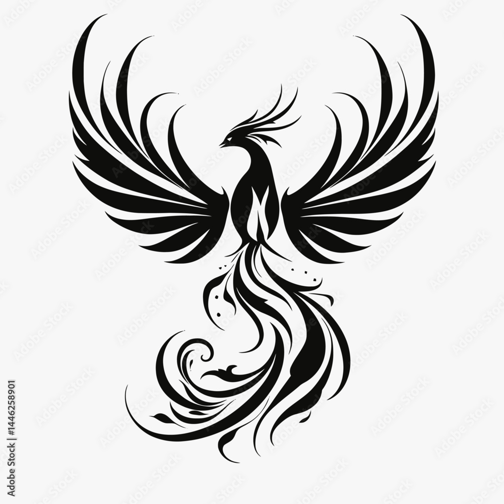 Fototapeta premium Phoenix bird wings black and white mythical creature tattoo design illustration art drawing graphic animal silhouette
