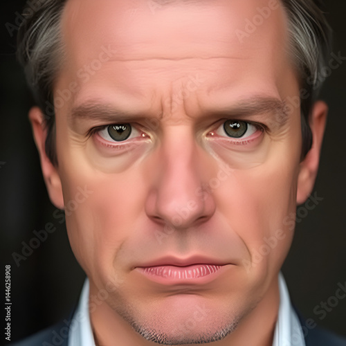 A person with a serious and neutral expression, staring directly at the camera with a flat, emotionless face,