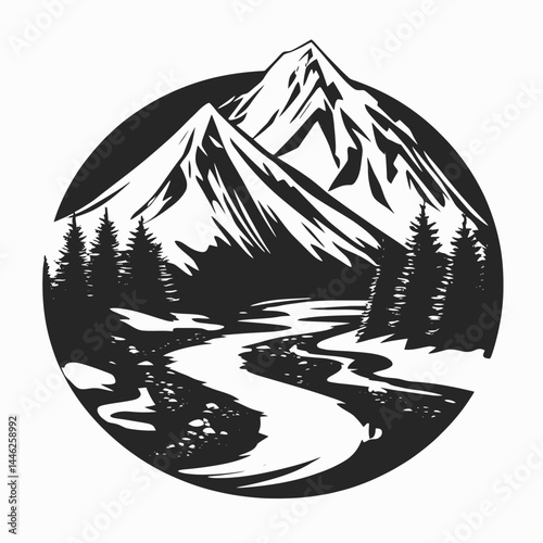 Mountain landscape river trees peak nature scenic outdoors adventure travel black and white design vector silhouette