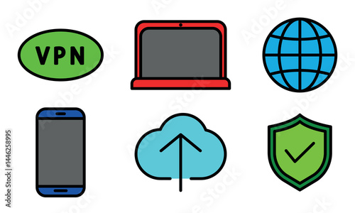 Colorful Cybersecurity and Technology Icons Set – Flat Style