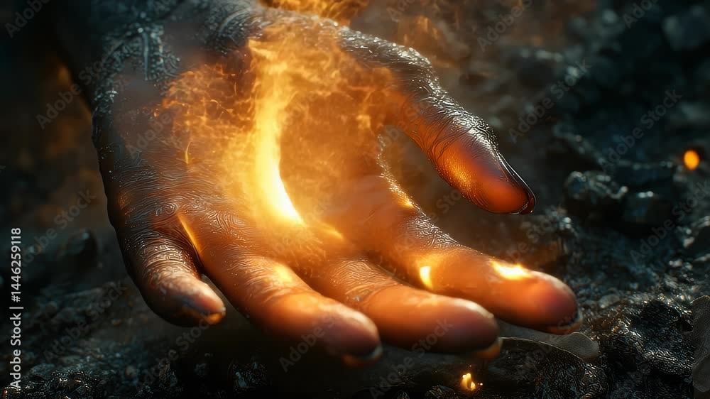 Hand enveloped in flame and grime graphic design element creative image intense light abstract visual fiery hand powerful energy visual communication decorative art fiery hand burning hand dark textur