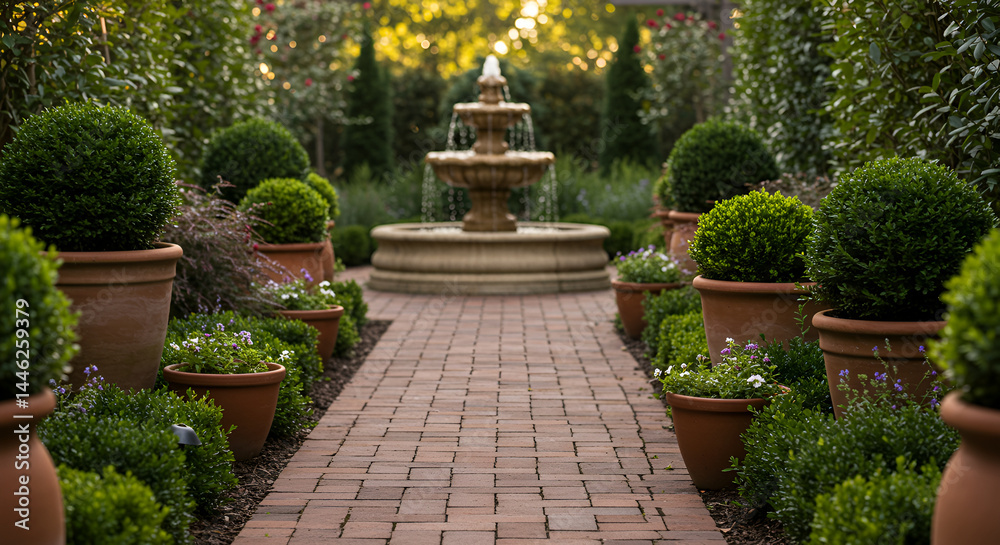 Elaborate Garden Featuring a Formal Brick Path Leading To a Fountain Elaborate Garden Featuring a Formal Brick Path Leading To a Fountain