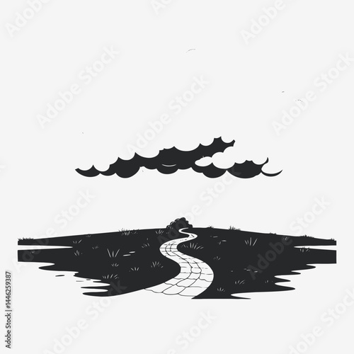 Landscape path cloud sun sky nature outdoor scenic travel horizon monochrome illustration drawing 100 silhouette