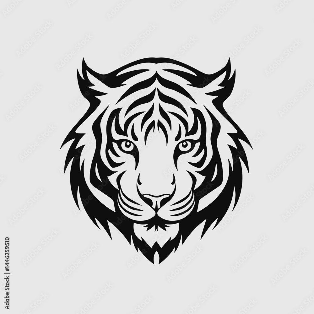 Fototapeta premium Tiger face head animal feline predator mammal wildlife jungle cat striped portrait wild big dangerous zoo 100 silhouette