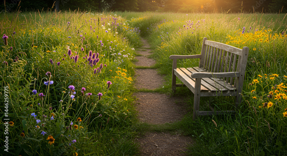 Fototapeta premium Bench Beside The Trail Through Wildflowers In Golden Sunset Light