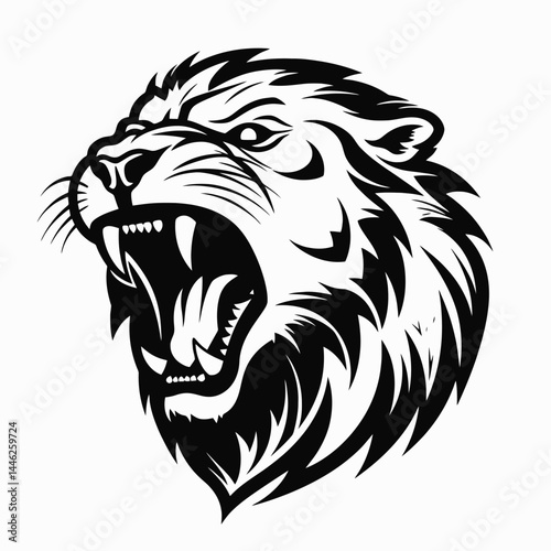 Fierce lion head roaring animal predator feline mammal wildlife black and white illustration graphic art silhouette