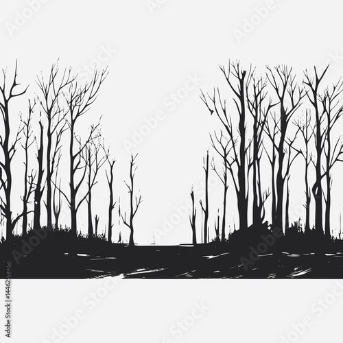 Monochrome forest trees landscape black and white nature scene woods silhouette scenic dark artistic design
