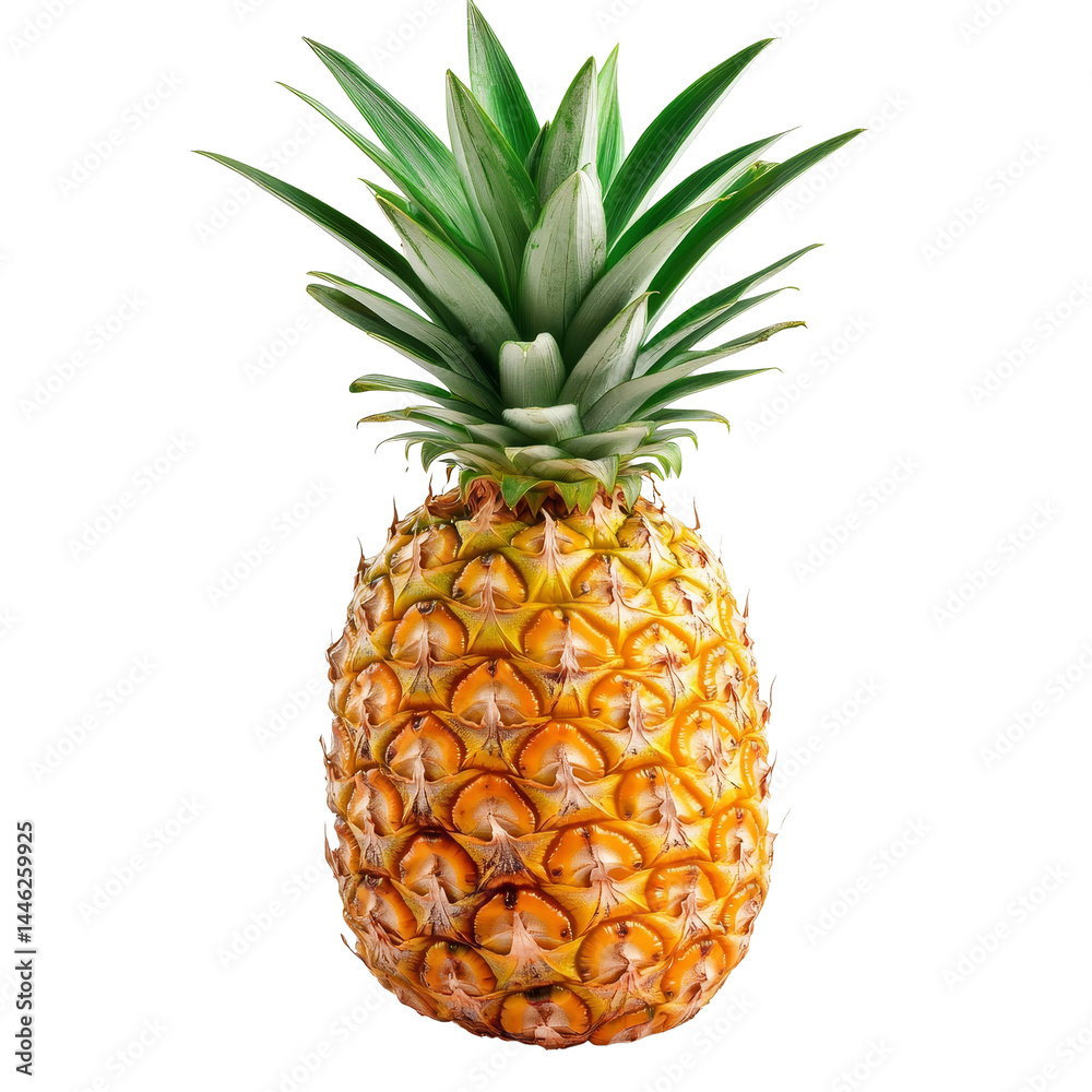 Fresh pineapple showcasing its vibrant yellow exterior and spiky green crown against a clean, transparent backdrop, Sliced pineapple isolated on transparent background Fresh pineapple showcasing its vibrant yellow exterior and spiky green crown against a clean, transparent backdrop, Sliced pineapple isolated on transparent background