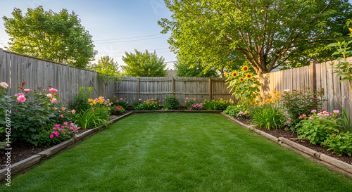 Wallpaper Mural Lush Green Backyard Garden With Blooming Flowers And Wooden Fence Torontodigital.ca