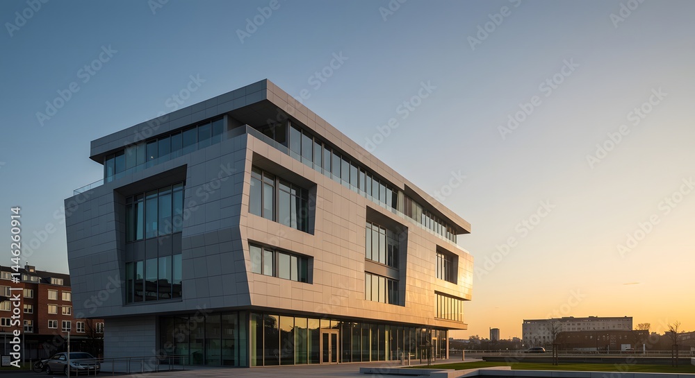 Modern school building with green grass, clear sky. Architectural design features clean lines, large windows. Campus exterior includes well-maintained lawn, walkway. Educational institutio