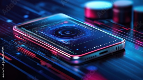 Smartphone displays a glowing digital interface against a futuristic background