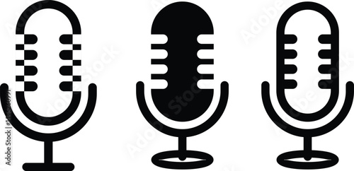 Three Microphone Icon Set | Podcast Mic Vector Graphic for Audio Recording, Live Streaming, and Vocal Communication Design Elements