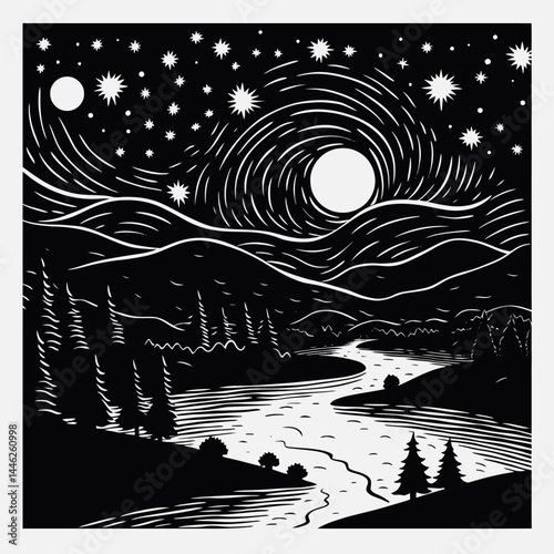 Night landscape moon stars river trees mountains nature scenic dark sky vector illustration art design silhouette