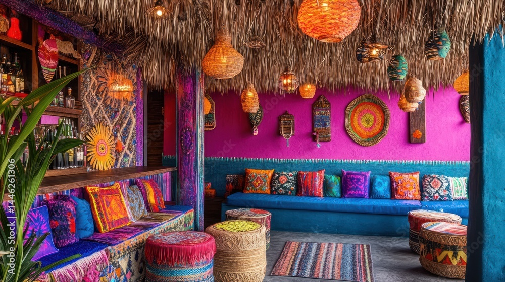 Naklejka premium Colorful bohemian themed bar and lounge area under thatched roof