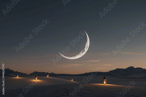 islamic celebration, islamic new year celebration, with lanterns glowing under a peaceful desert night and a spiritual, warm ambiance