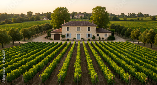 Picturesque Vineyard Landscape With Stone House At Sunrise In The Countryside