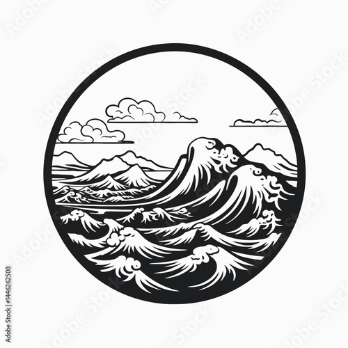 Ocean waves sea mountains clouds vector illustration graphic design black and white circle nature art silhouette