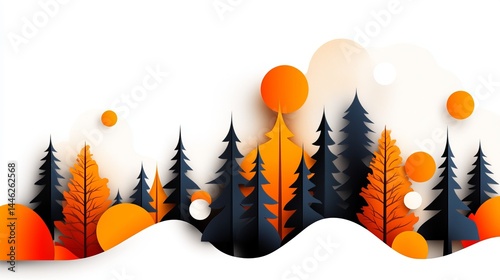 Stylized forest illustration features orange sun and dark blue and orange trees layered on a white background.