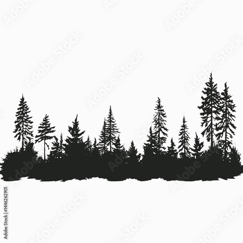 Silhouette forest trees nature landscape pine woods dark scenic background black white evergreen outdoors