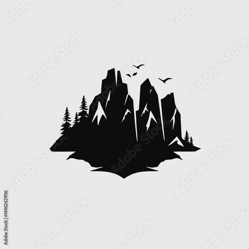 Mountain landscape nature peak adventure travel outdoor sky forest birds silhouette vector graphic design