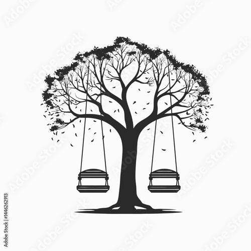 Tree silhouette swings nature black and white monochrome art design illustration graphic drawing vector