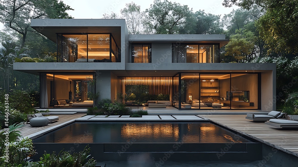 Modern concrete villa surrounded by forest landscape high resolution picture