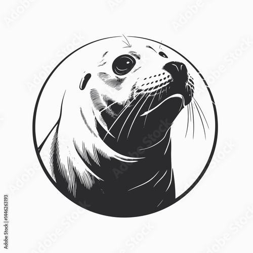 Seal animal mammal marine wildlife ocean aquatic portrait illustration black white circle drawing art silhouette