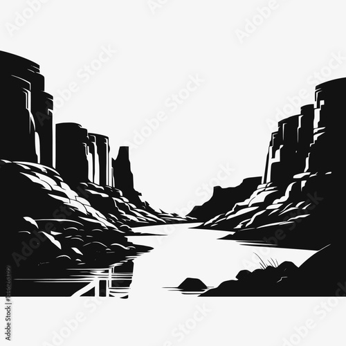 River canyon landscape black and white illustration nature rocks water mountains valley scenic outdoors art silhouette