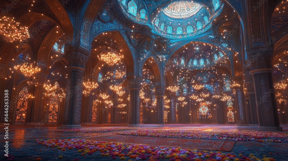 Fototapeta premium Opulent mosque interior is illuminated by shimmering golden chandeliers