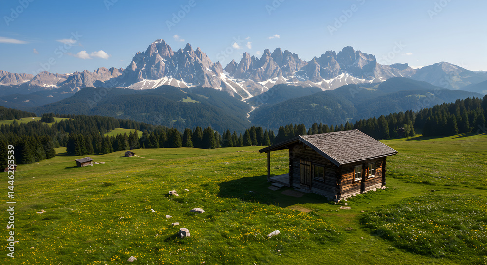 Scenic Alpine Landscape Featuring Rustic Cabin and Majestic Mountain Range