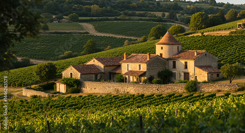 Picturesque Vineyard Landscape With Charming Chateau In The French Countryside